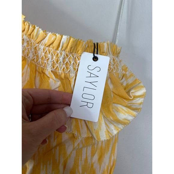 NWT Saylor Carren One-Shoulder Pull Over Smocked Ikat Cotton Mini Dress Yellow - Picture 4 of 8